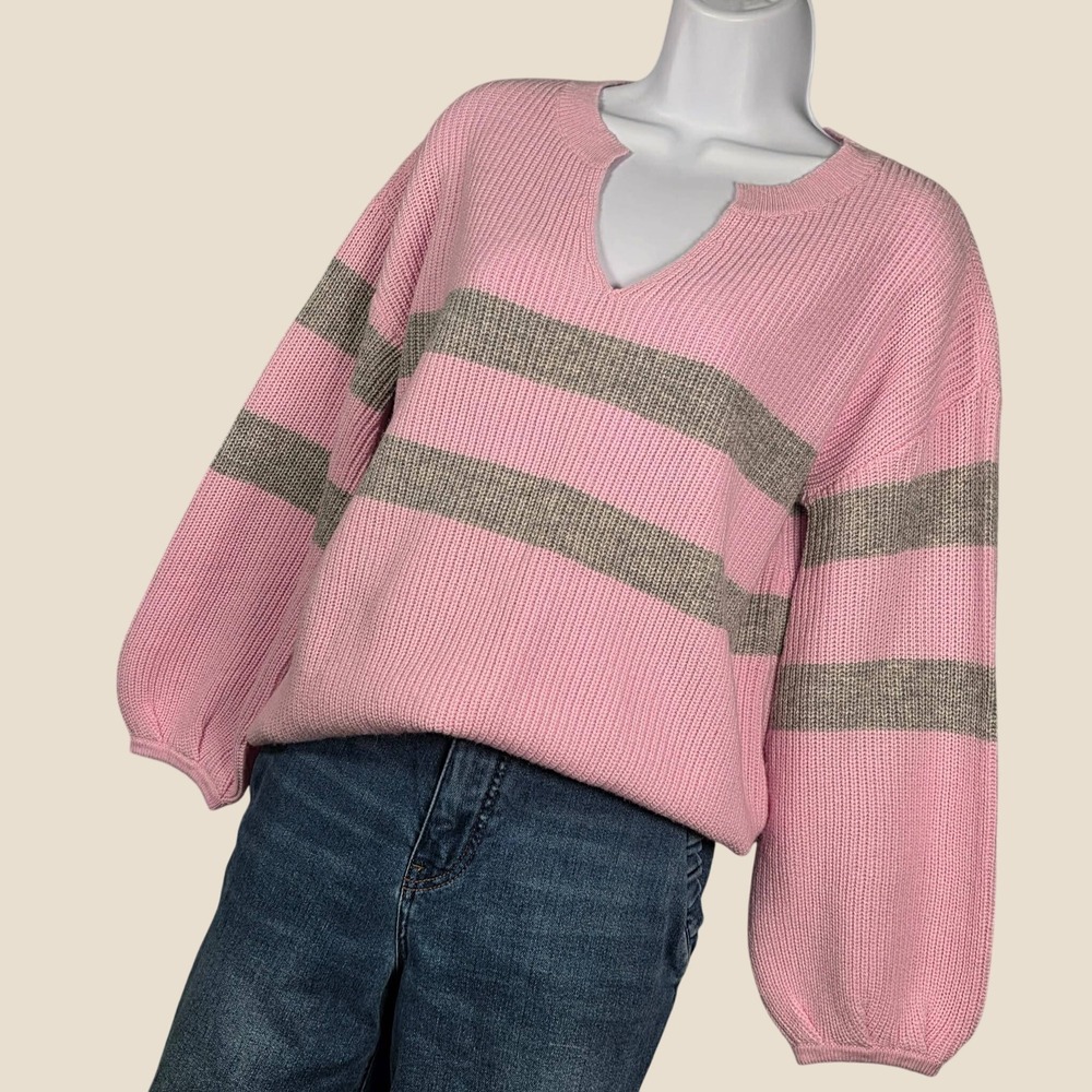 Ann Taylor NEW Medium Petite Split Neck Balloon Sleeve Stripe Wool Blend Sweater